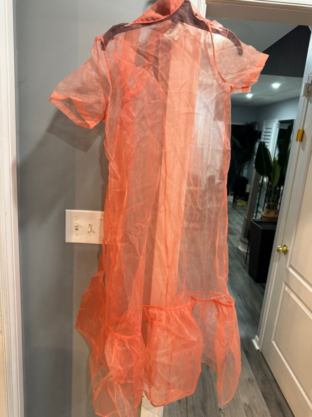 Sheer Coral Orange Ruffle Hem Dress Cover-Up
